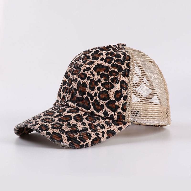 verano entrecruzado Cola de Caballo gorra de béisbol mujeres lavado algodón desordenado moño Pony Tail Hat Snapback malla camionero papá sombreros: Leopard