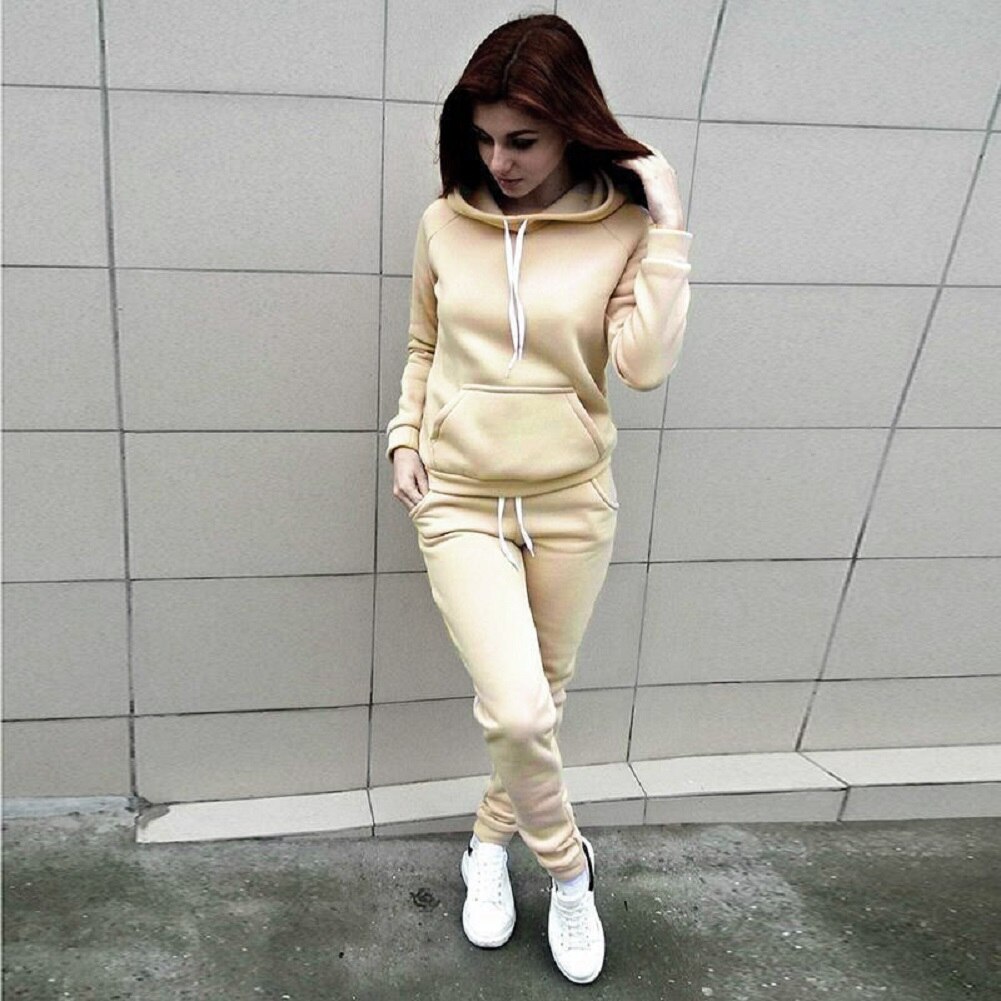 Autumn Tracksuit Long Sleeve Thicken Hooded Sweatshirts Long Pants Winter 2 Piece Set Casual Sport Suit Women Tracksuit Set: Khaki / M