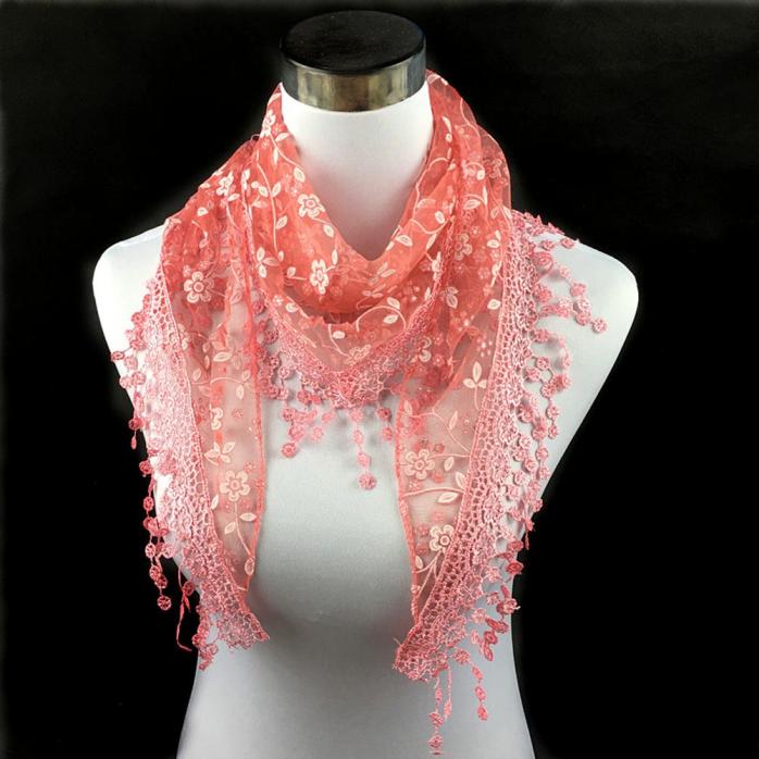 Triangle Women Scarf Lace Floral Summer Beach Tassel Scarves Chiffon Silk Wrap Pashmina Stole Foulard 9M15