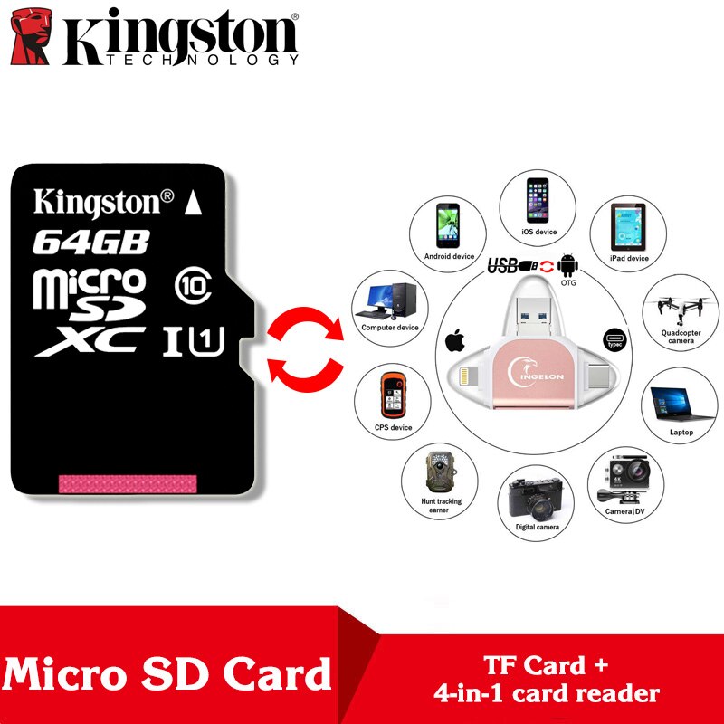 Kingston Microsd 8gb 16gb 32gb 64gb 128gb 256gb Memory Card Class 10 SDHC TF Card With Card Adapter/Reader for iphone&Laptop: TF64-R015-Reader