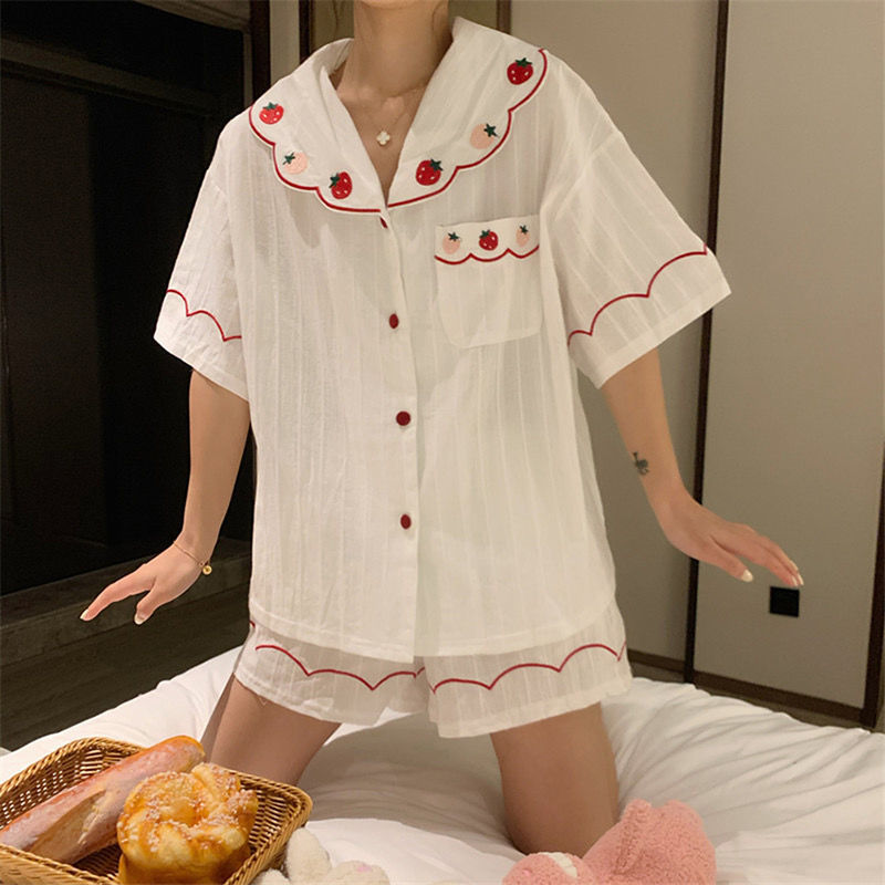 #39 kvinders pyjamas sommernat hjemmedragt nattøj bomuld jordbær broderi pijamas hjemmetøj pyjamas kawaii pj sæt: Hvid / M