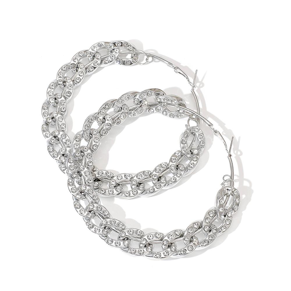 AMORCOME Rhinestone Chain Hoop Earrings For Women Big Circle Round Earrings Brincos Female Statement Jewelry: L Silver