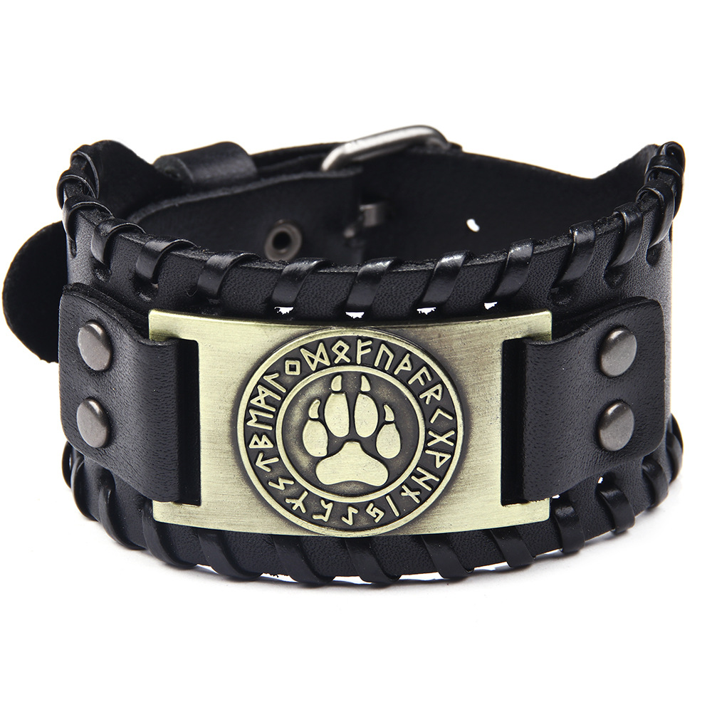 Nordic Viking Rune Beerpoot Patroon Armband Mannen Mode Metalen Lederen Geweven Sieraden Dier Accessoires Party