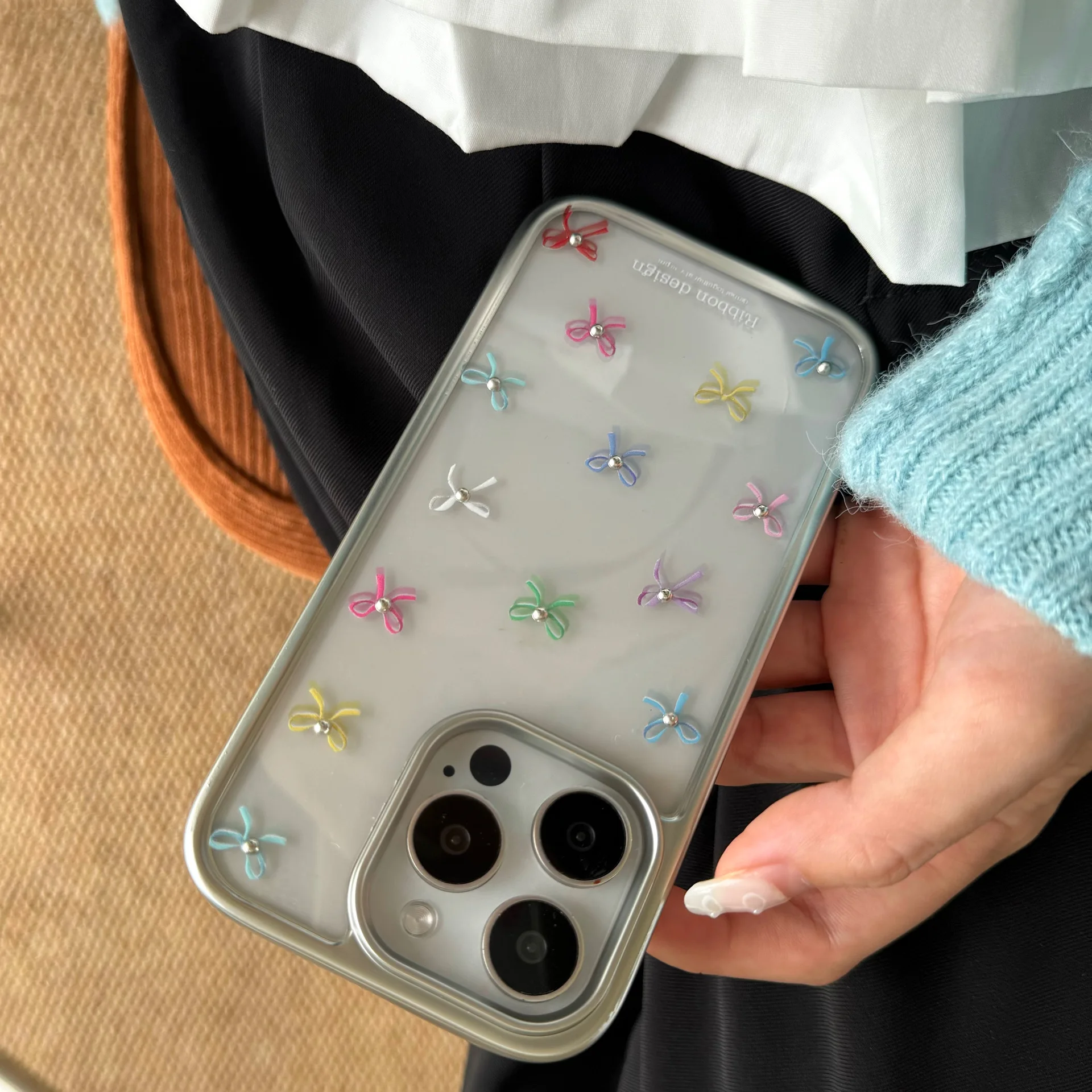 Funda plateada con forma de perla y lazo para IPhone 15, 14, 13, 12 Pro Max, protección IPhone15, bonita funda transparente a prueba de golpes a la , Corea INS: PE