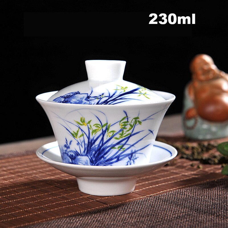 Ensemble de thé chinois Gaiwan bleu et blanc porcelaine Kung Fu ensemble de thé soupière en céramique bol à thé santé tasse à thé et soucoupe Master tasses: A3