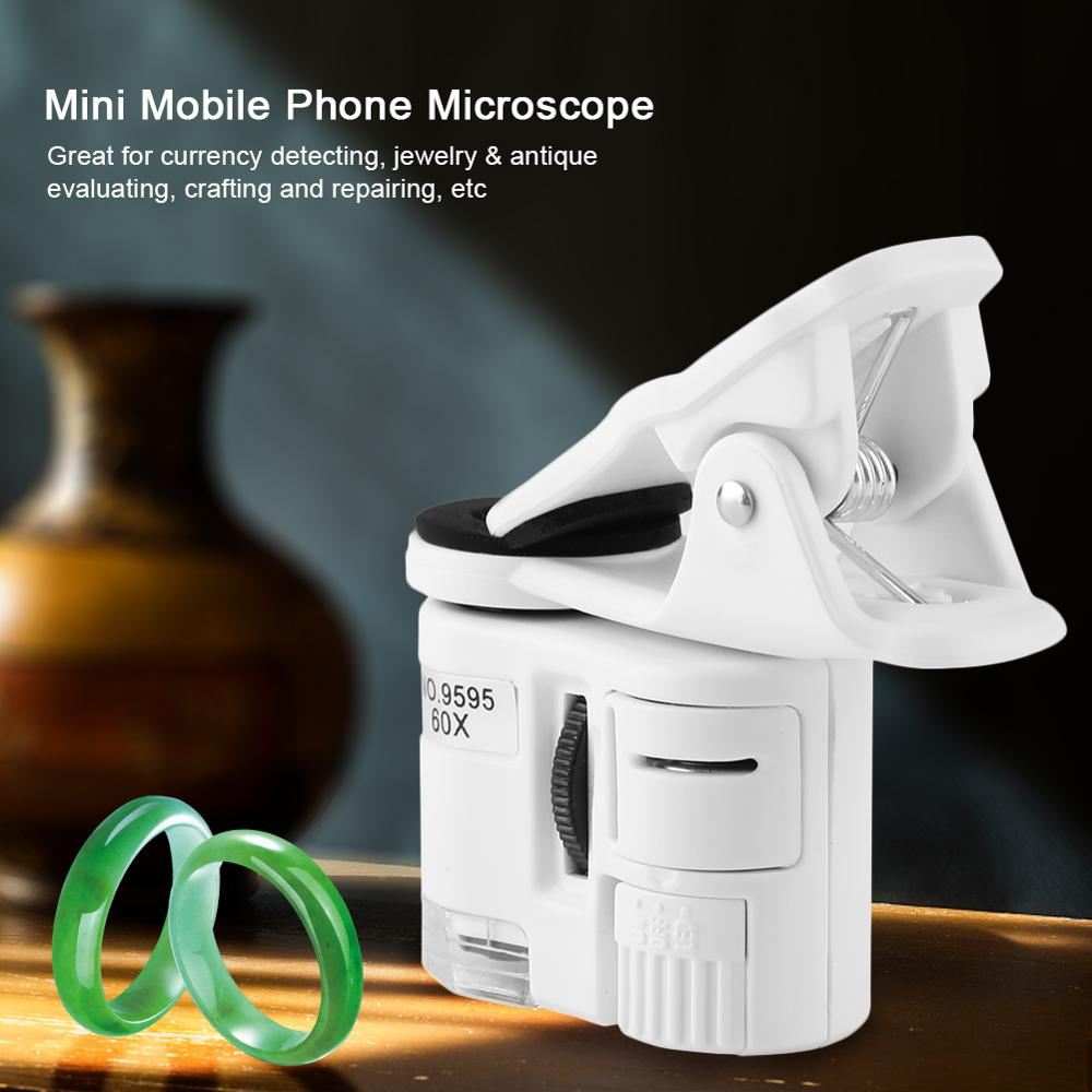 9595W 60X Magnifying Glass LED UV Light Mini Mobile Phone Clip Microscope