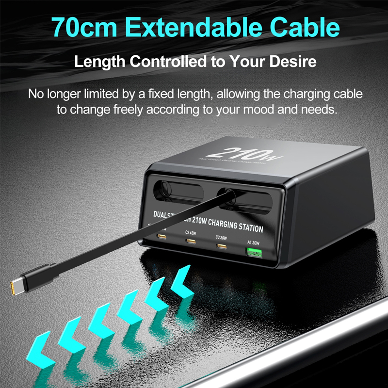 210W 6-in-1 Ladestation mit Einziehbarem USB-C-Kabel Power Combo Tower für Mehrere Geräte Schnellladegerät für iPhone, Airpod