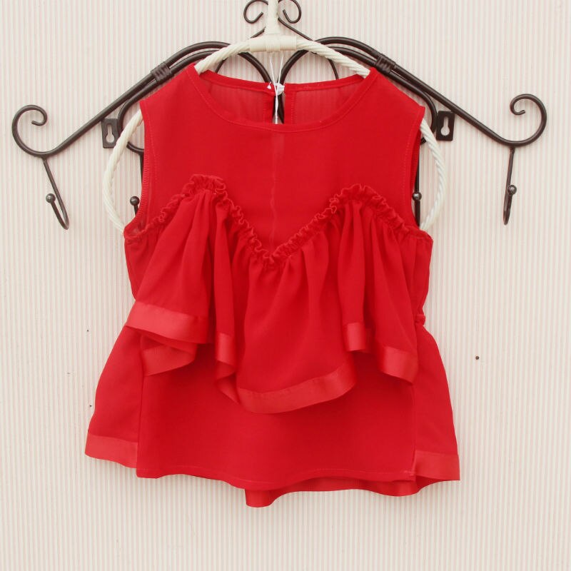 Chiffon rød skjorte piger koreanske børnetøj sommer teenage skolepige bluse søde ærmeløse skjorter til småbørn: 3t