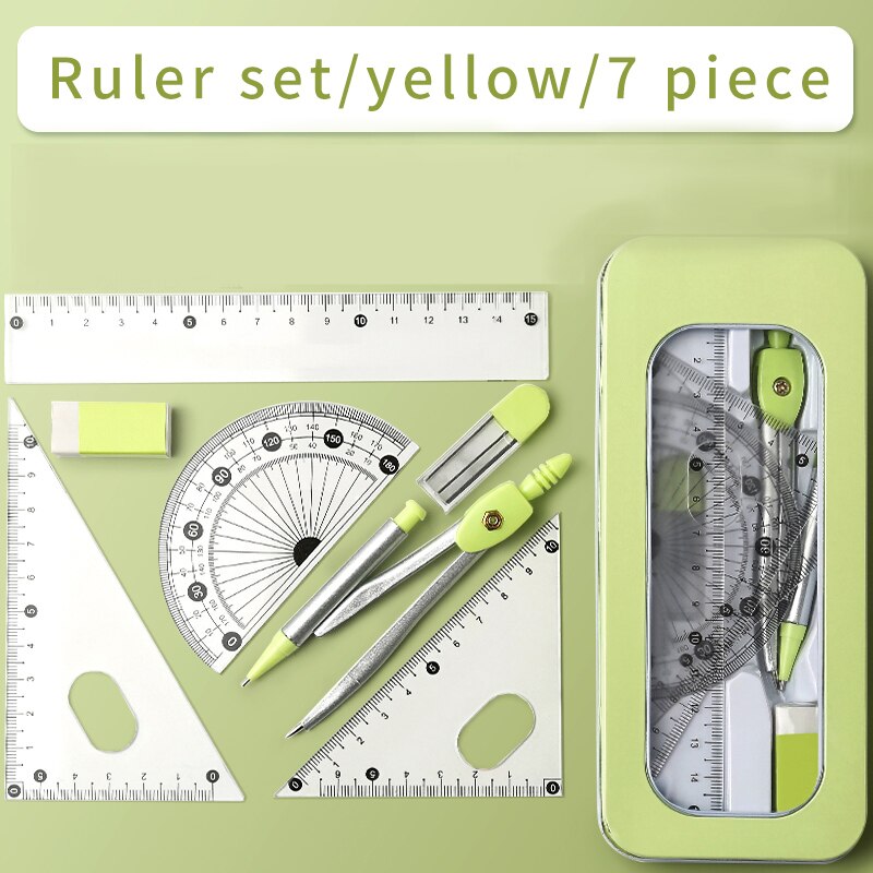 Zanken compasses Ruler Set Multi-function Ruler Ruler Ruler Triangle Metal Drawing Tool for Student Drawing: Yellow 7 piece set