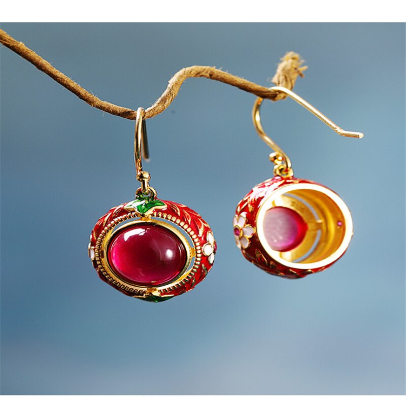 women's earrings s925 silver jewelry Thai ethnic square enamel color red corundum earrings products