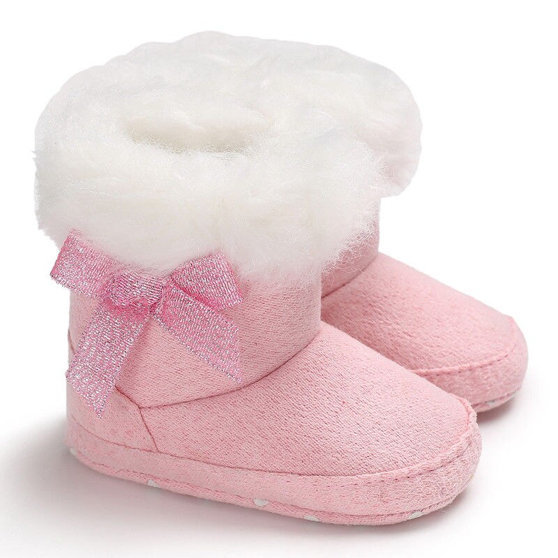 Newly Winter Toddler Baby Girl Boy Warm Boots Booties Snow Slippers Solid Fur Slip-On Bow Flat With Heel Cotton Shoes 0-18M: Pink / 13-18 Months