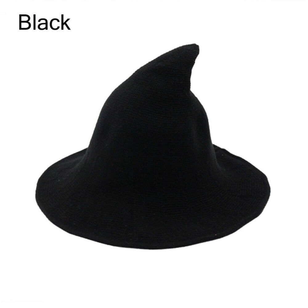 Nyeste kvinder moderne hekse uld hat foldbart kostume skarpt spids uld filt halloween fest hatte hekse hat varm kasket: Sort