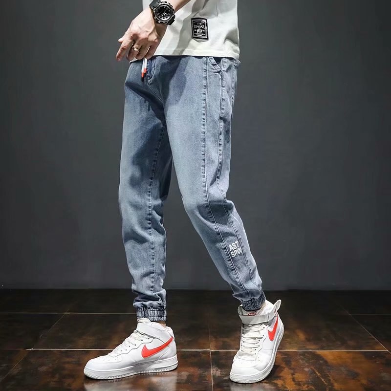 Blue Baggy Jeans Drawstring Waist Jeans Men Streetstyle Elastic-Pants-Mouth Kpop Clothes Hip Hop Harajuku S-5XL plus size: L