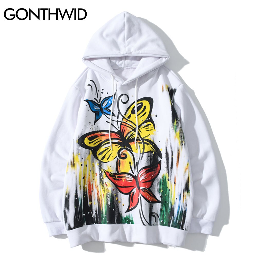 GONTHWID Hoodies Hip Hop Graffiti Butterfly Flowers Print Fleece Hooded Sweatshirts Mens Harajuku Casual Tops Outwear