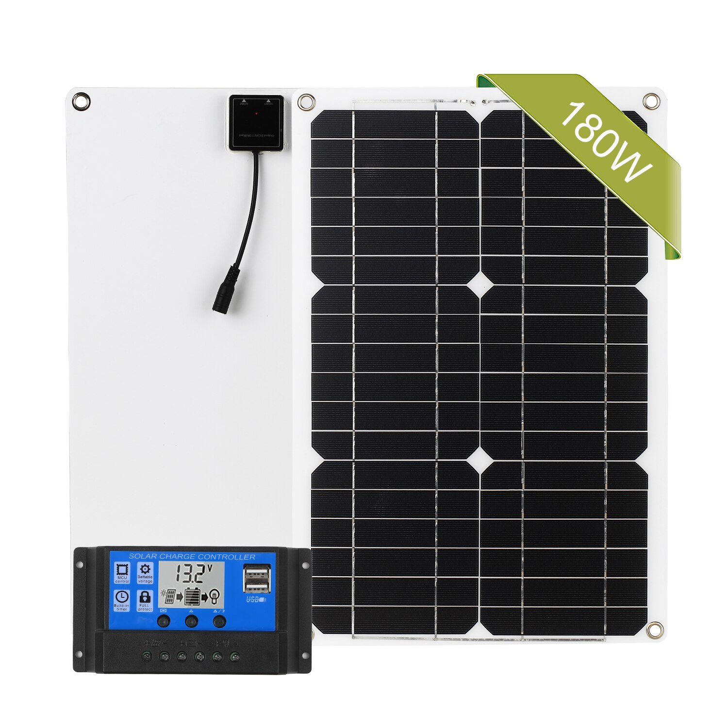 180W 12V Solar Panel Kit Off Grid Monocrystalline Module with Solar Charge Controller SAE Connection Cable Kits Solar Power: Dual-USB with CoN