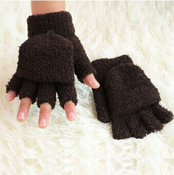 Kids Gloves Baby Girls Coral Velvet Dual-use Clamshell Half Finger Gloves: dark coffe