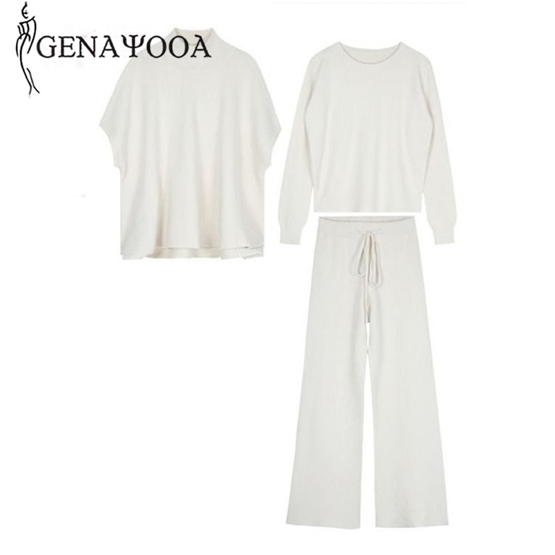 Genayooa Knitted 3 Piece Set Sweater Pants Woman Knitting Wide Leg Pants And Pullover Three Piece Suits Tracksuit Women