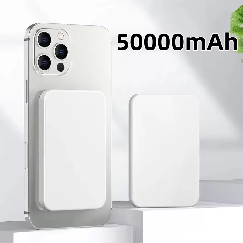 50000 mah trådlös magnetisk powerbankladdare snabbladdningsbar extern reservbatteri för apple iphone android: Silver-