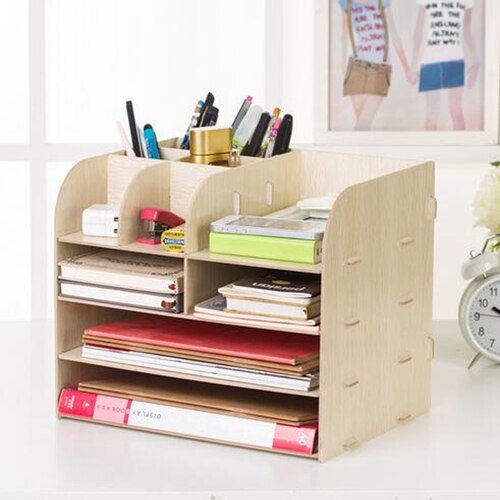 XRHYY Desktop Wooden Storage Box Office Supplies Finishing Storage Box Office File Rack Multi-Layer File Shelf A4 Data Bookshelf: Beige-2