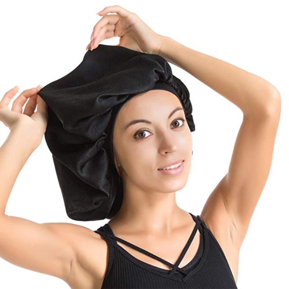 Super vandtæt brusebad kvindelig hårpleje hætte stor satin silke motorhjelm sove cap luksuriøst stof premium sort