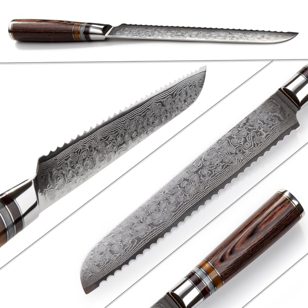 Damascus Kitchen Knives vg10 Japanese Damascus Steel Bread Knife Cake Slicing Bakery Tools Serrated Stainless Damascus Blade