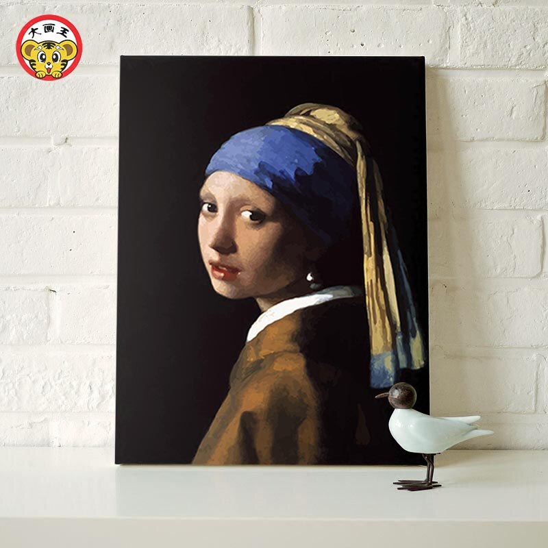 Maalaus numeroilla taidemaali numeron mukaan yllään helmikorvakorut tyttö hollantilainen taidemaalari johannes vermeer diy digitaalinen maalaus sisustus: 40 x 50cm kehyksen kanssa