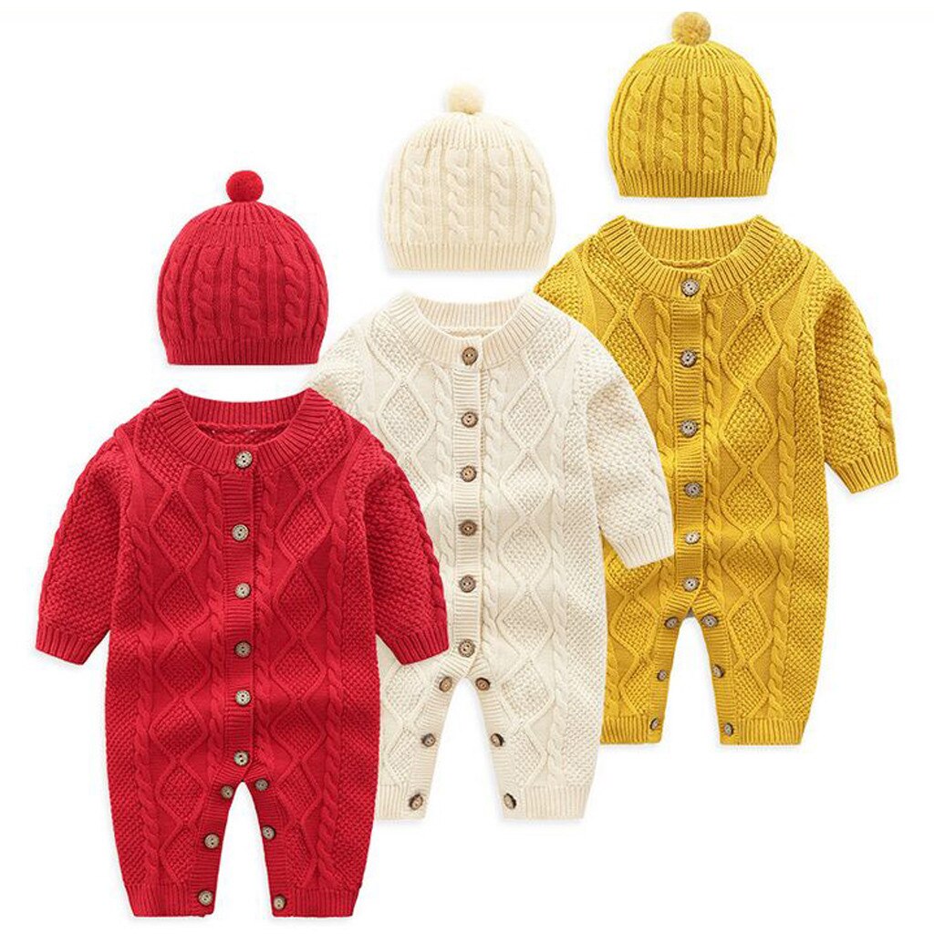 2 Pcs Infant Baby Mädchen Jungen Pullover Stricken Spielanzugoverall Häkeln Hüte Neue Geboren Jungen Kleidung Winter Baby Overall Romper kostüm