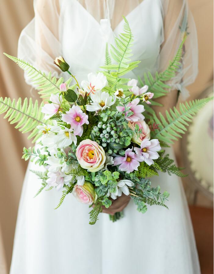 JaneVini Ronde Bruiloft Krans Bruidsboeketten Roze Kunstmatige Bloemenmand Bruid Boeket Bruidsmeisje Zijde Bloem Boeket Klopper: Wedding Bouquet