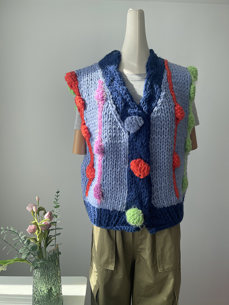 Dames handgemaakt dik los vest 2024 herfst winter meerkleurige trui trui kleurrijk nicheontwerp: Blauw
