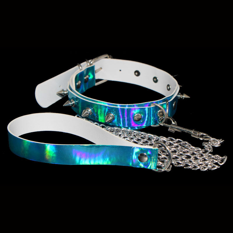Spike Rivet Choker Catene Della Collana Collo In Pelle Arcobaleno Collare Rave Del Partito di Festival Ravewear Gioielli di Moda goth Accessori: 4