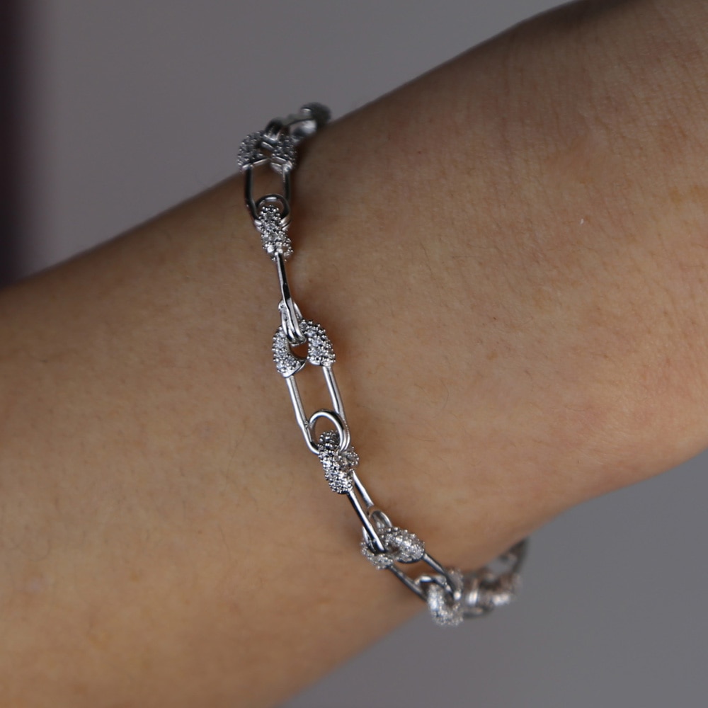 Gold silver color 5A sparking bling cz safety pin link chain bracelet for women 15+4cm extended