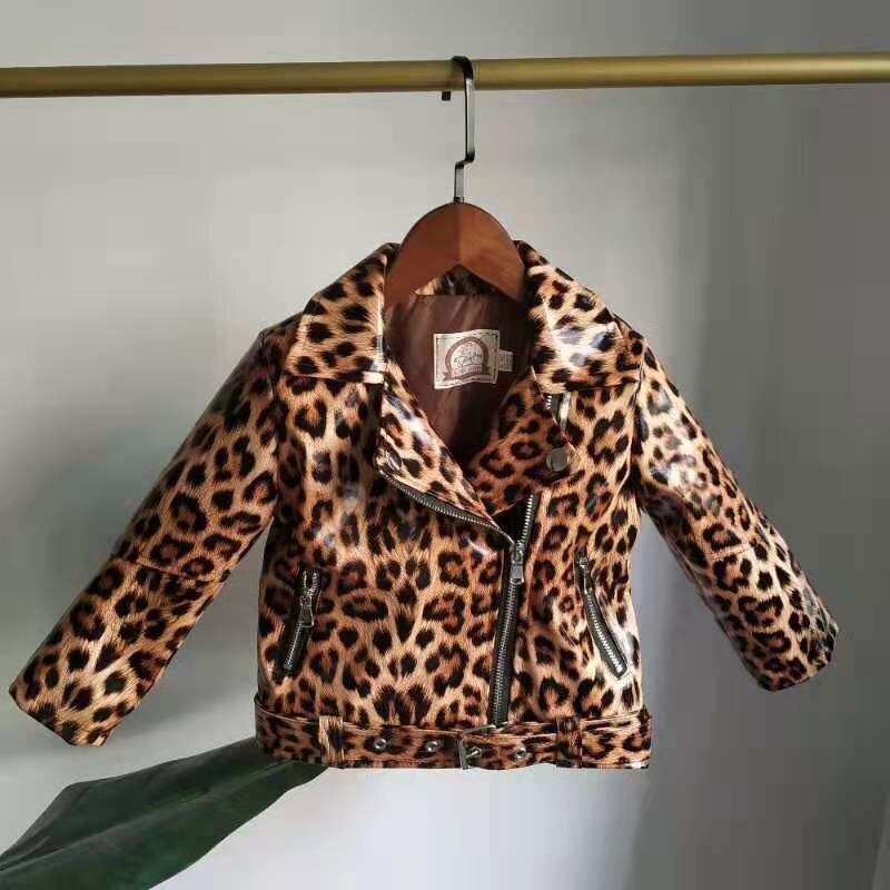 Kurtki skórzane w panterkę dla dzieci i dziewcząt, odzież wierzchnia ze sztucznej skóry dla małych dziewczynek, płaszcze ze sztucznej skóry, ubrania dla dzieci dla 2-6t osób