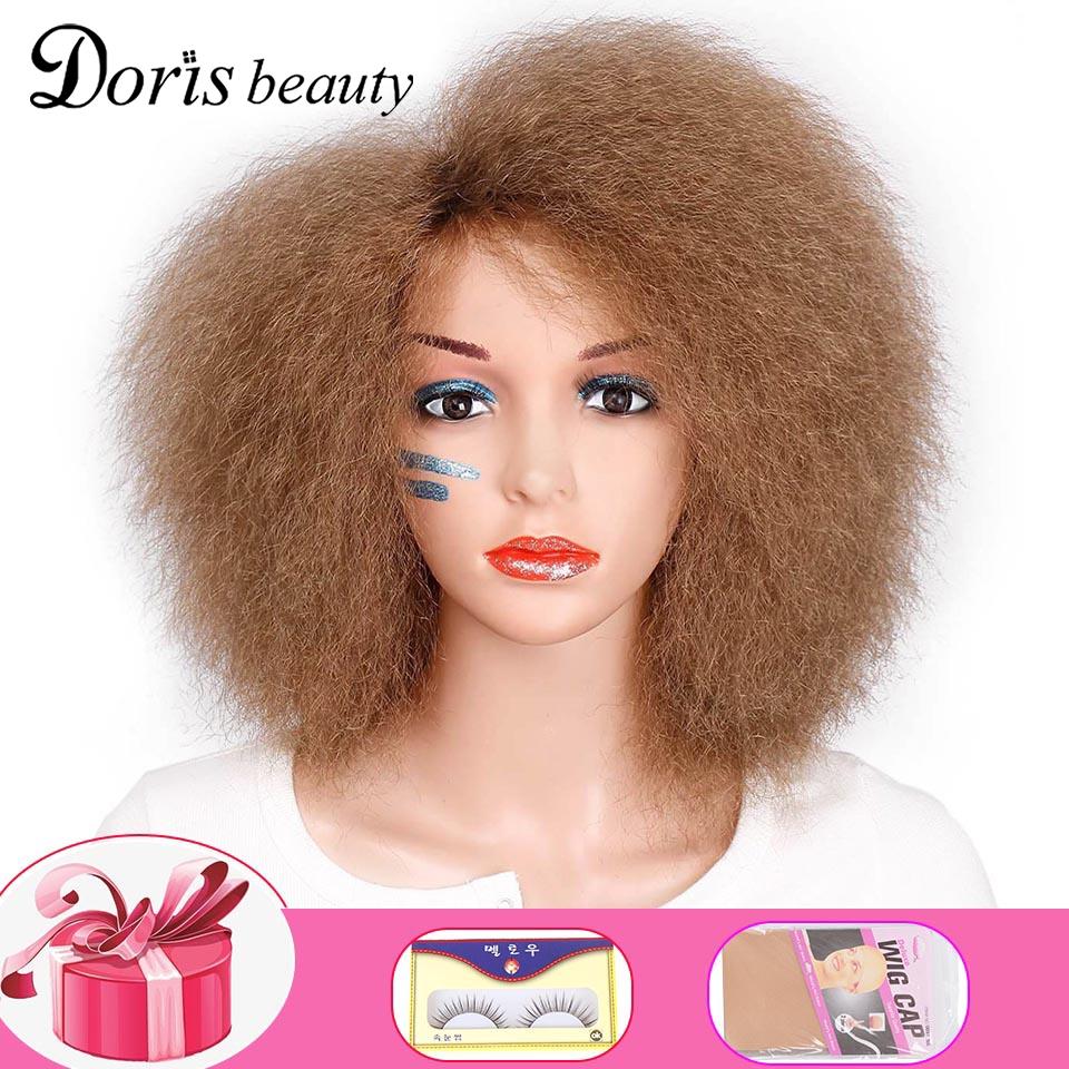 Doris beauty Synthetische Afro Pruik voor Vrouwen Afrikaanse Bruin Zwart Rood Kleur Yaki Straight Korte Pruik Cosplay Haar
