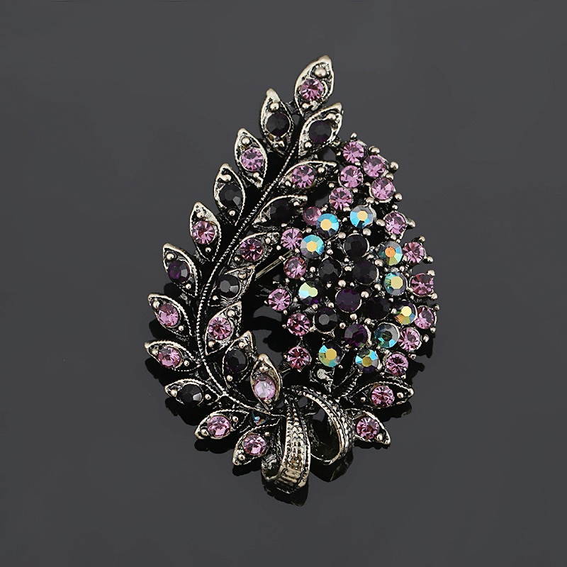 baiduqiandu Assorted Colors Red Coffee Blue and Purple Crystal Rhinestones Flower Leaf Brooch Pins in Antique Vintage