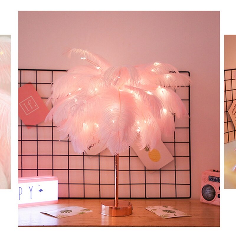 Bricolage plume lampe de Table blanc lumière arbre plume abat-jour fille LED mariage lumières décoratives rose