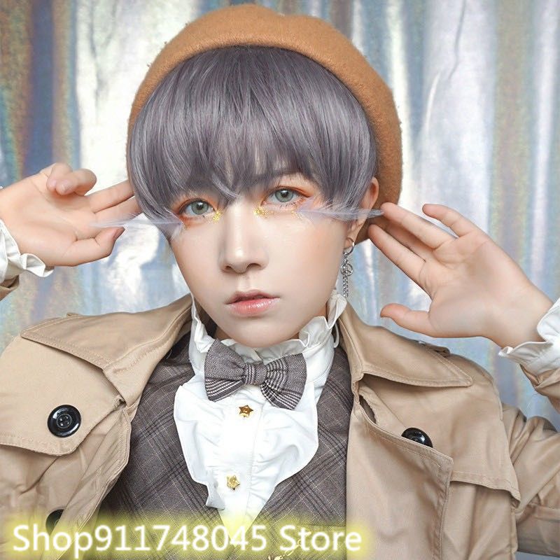 Korean Unisex Short Straight Hair Wig Full Head Wig Gray Black Cosplay