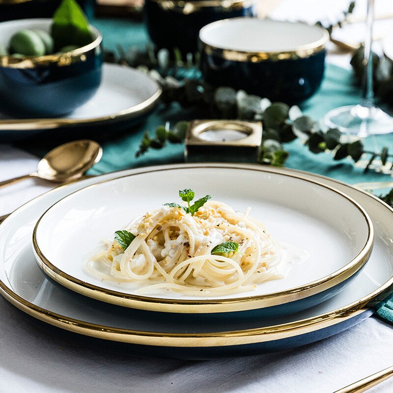 Plate Gold Inlay Round Dinner Plate Dish Tray Food Gold Edges Plate tableware Dinner dish