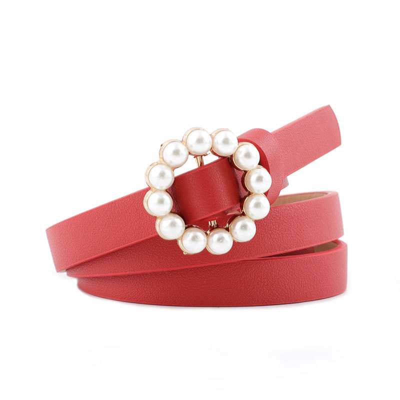 Perle dekorativt belte dame belte rund pin spenne perle belter dame casual solid pu lær tynt belte: Rød