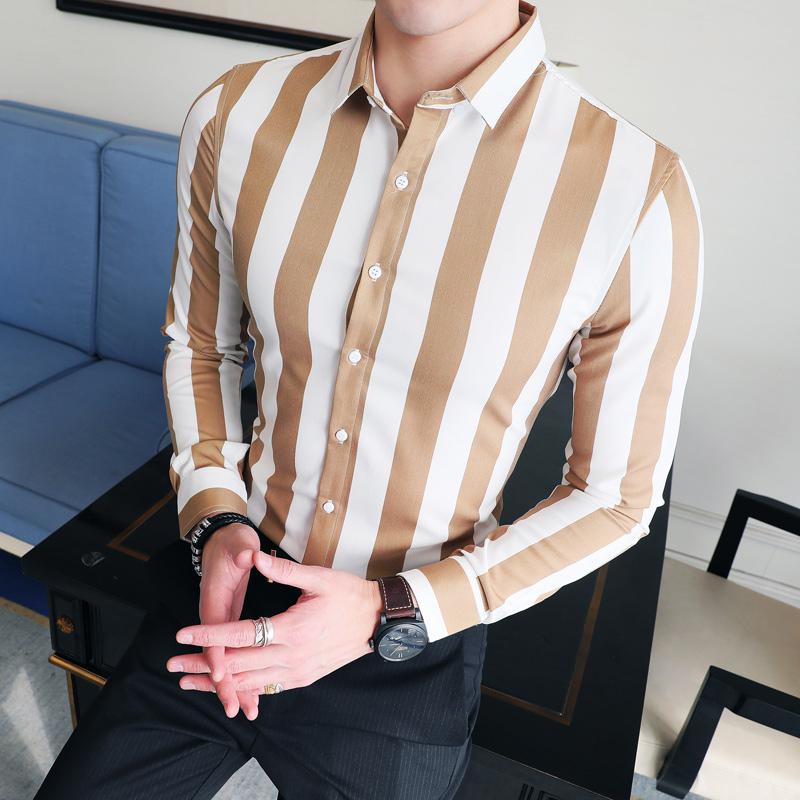 Bredstribet herreskjorte strygefri langærmet business ungdomsskjorte enkeltradet fuld slim fit skjorte herre: Khaki / Asiatisk størrelse 2xl