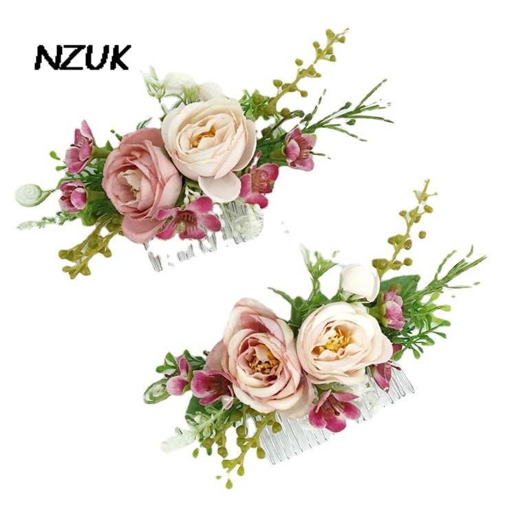Nzuk Handgemaakte Bruiloft Haar Sieraden Bruids Haar Kam Dusty Rose Bloemen Hoofddeksel Accessoires Peigne Cheveux Mariage