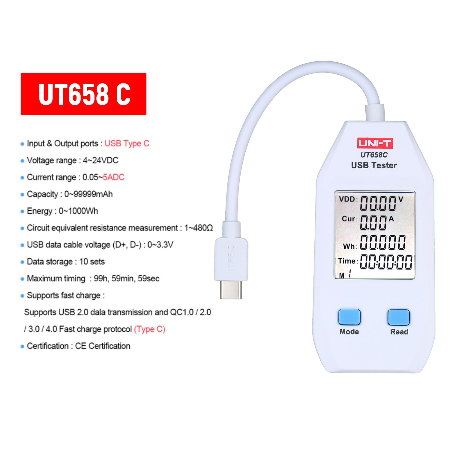 Usb-vermogensmeter lcd usb-tester detector voltmeter ampèremeter spanning stroom digitale vermogenscapaciteitstester: Ut658c