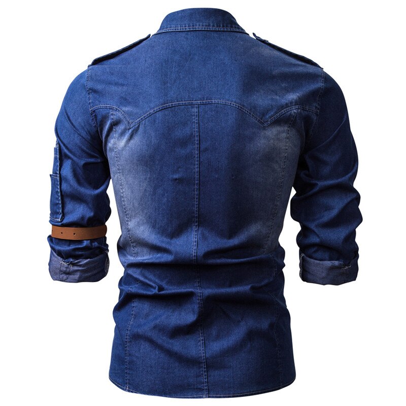 Camisa vaquera lavada de manga larga para hombre, estilo informal, ajustada, con cuello cuadrado, para otoño e invierno