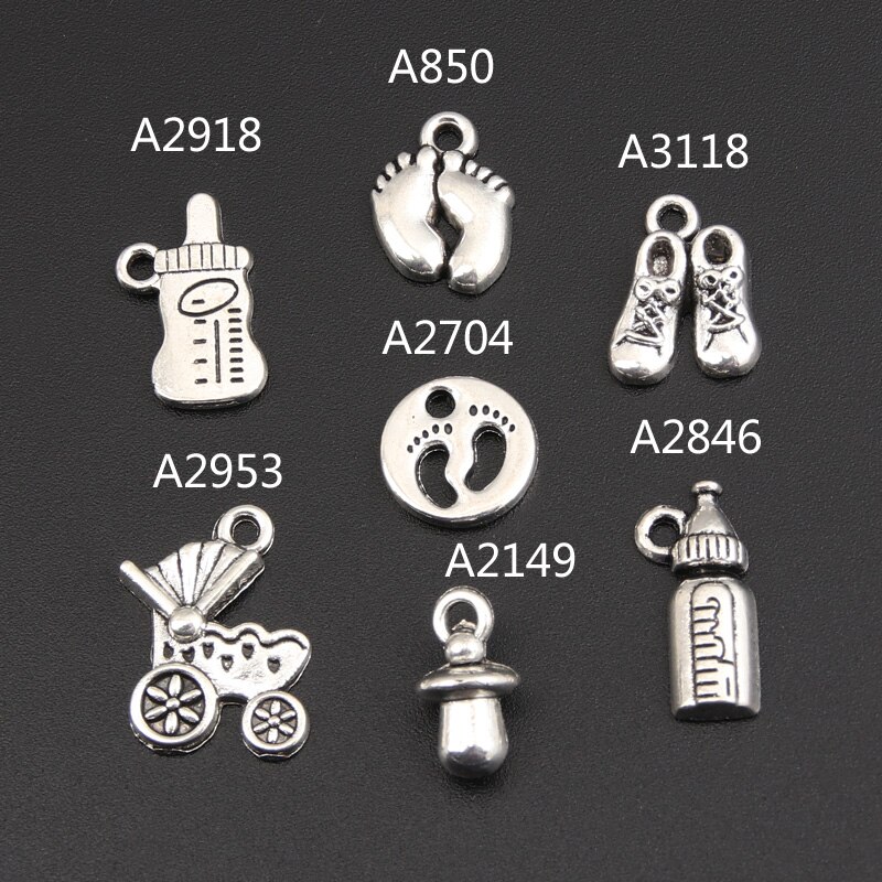 14 pçs mix cor prata copo do bebê garrafa de leite encantos pegada carrinho de bebê pingente encontrar diy jóias artesanais accessorie m176