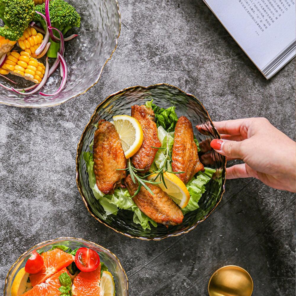 Irregular Gold Inlay Edge Glass Salad Bowl Fruit Rice Serving Bowls Food Storage Container Lunch Bento Box Decoration Tableware