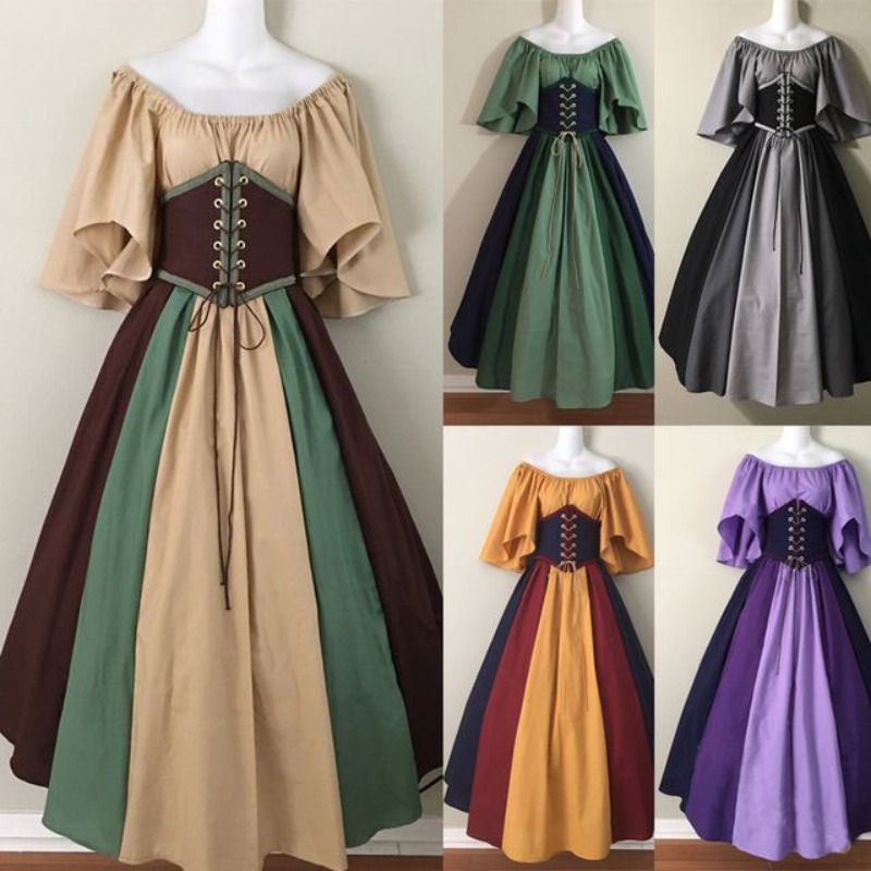 European and American Medieval Retro Contrasting Slim Fitting Skirt with Flying Sleeves Large Swing Skirt One Shoulder Dress