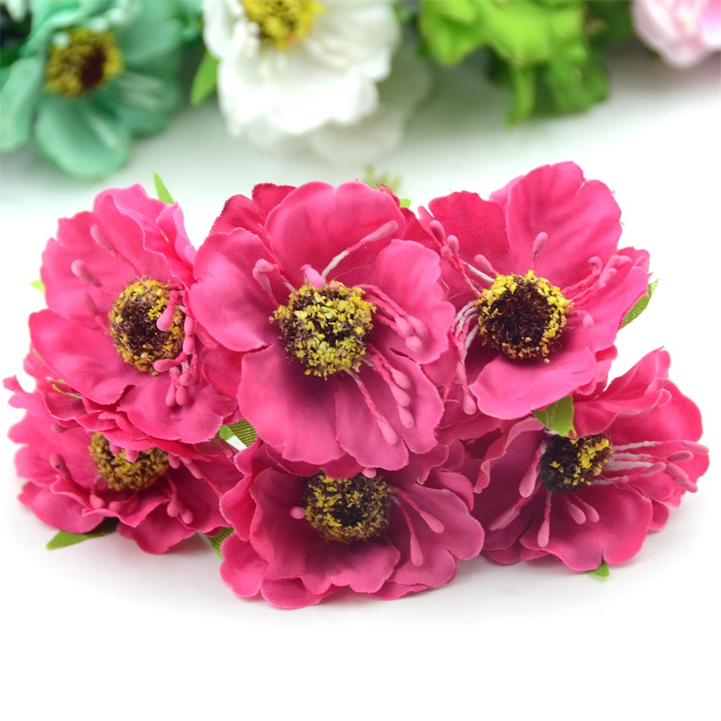 6 stk/parti real touch high small grade kunstig valmue buket bryllup silke rose blomster til diy bryllup krans dekoration: Rosenrød