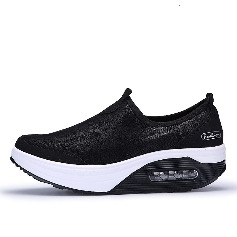 Big Size 35-41 Women Wedge Sneakers Air Cushion Slip On Fitness Shoes Women Soft Outdoor Non-slip Shock Absorber Rocking Shoes: black women sneakers / 7