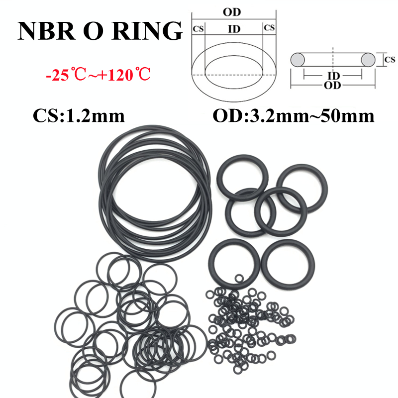 50pcs NBR O Ring Seal Gasket Thickness CS 1.2mm ID 1.2-26MM Nitrile Butadiene Rubber Spacer Oil Resistance Washer Round Shape
