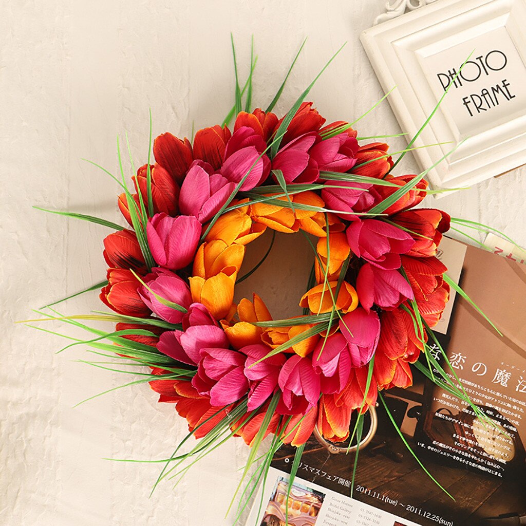 Summer Artificial Tulip Front Door Wreath with Leaves Front Door Wall Decor