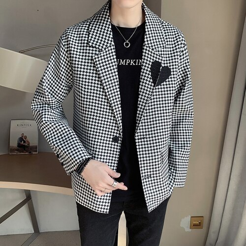Chaqueta de traje de pata de gallo para hombre, ropa de calle informal holgada, Blazer de Social, abrigo de vestir de negocios que combina con todo, masculina, 2022: White / Asian size M